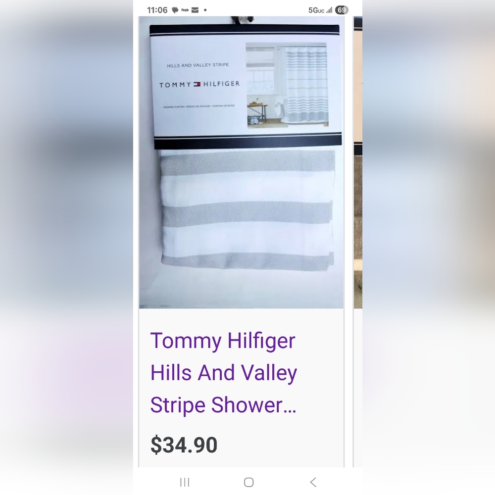 Tommy Hilfiger White and Gray Shower Curtain and Shower hooks